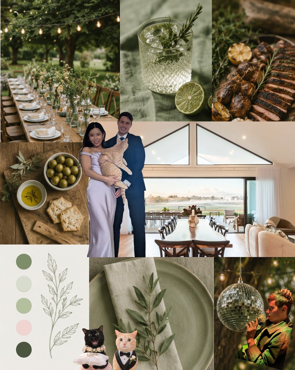 A mood board for the day — garden party, food, dancing and the cats